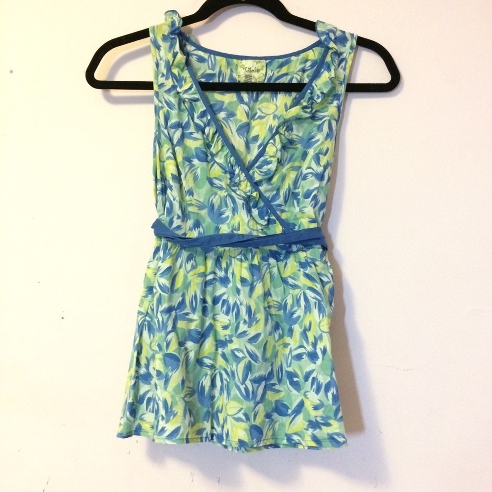 3/$30 ANTHROPOLOGIE VIOLA WATERCOLOR PAINT PAINTERLY RUFFLE TIE WAIST TOP sz 0